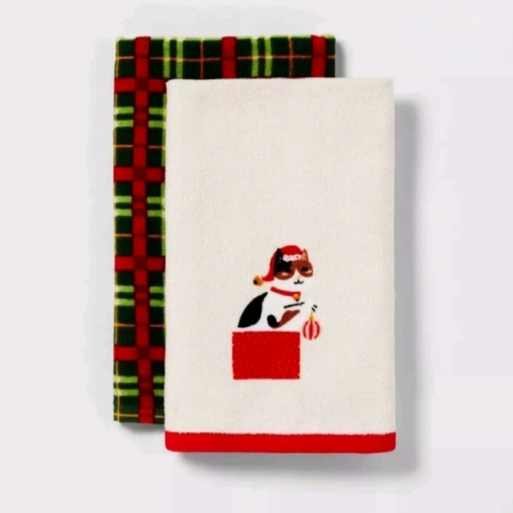 NEW 100% Cotton Kitchen Towel Holiday Set Of 2 Christmas Cat Green Plaid